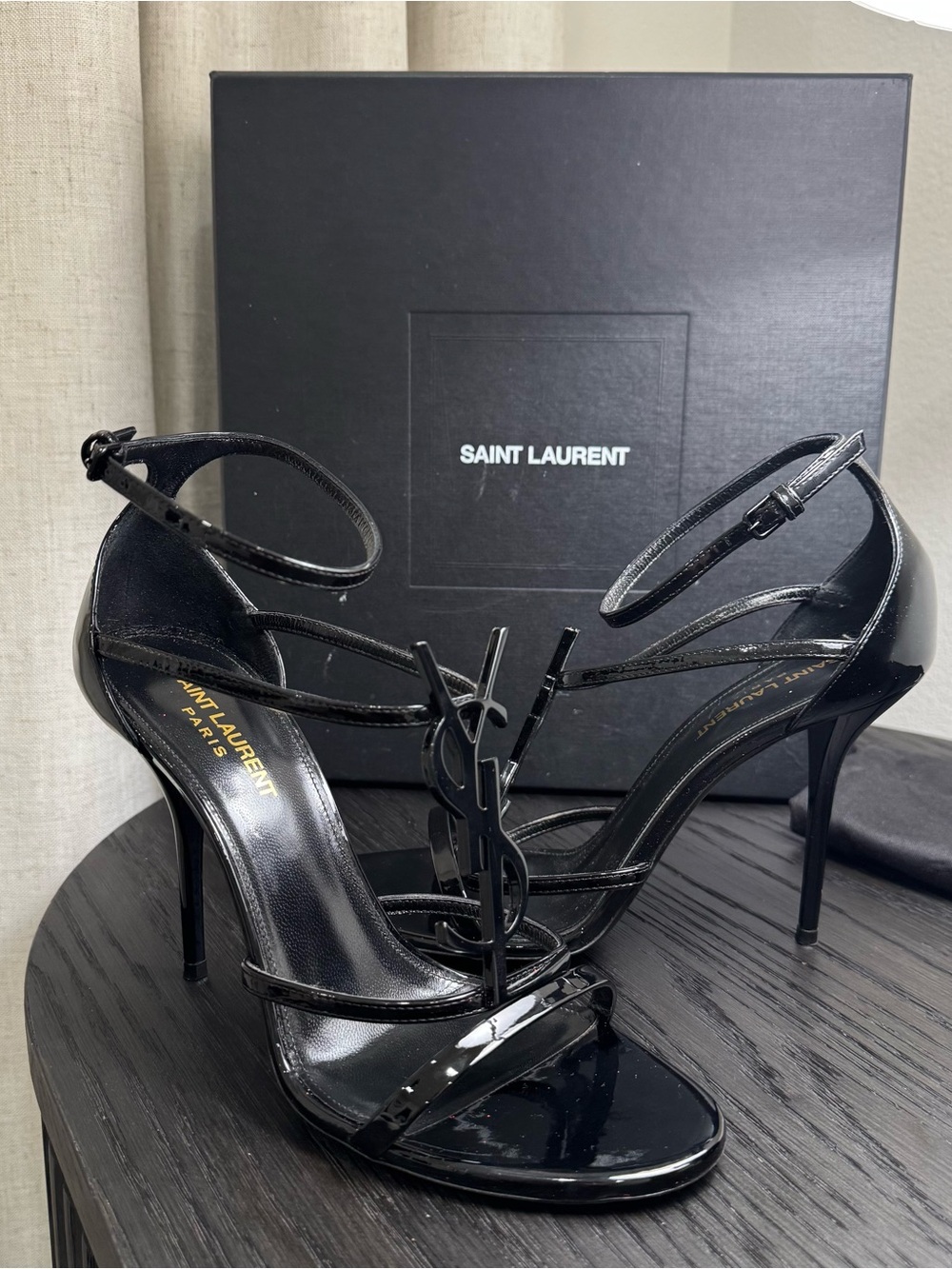 Saint Laurent YSL Cassandra 100 Sandals Patent Black 39